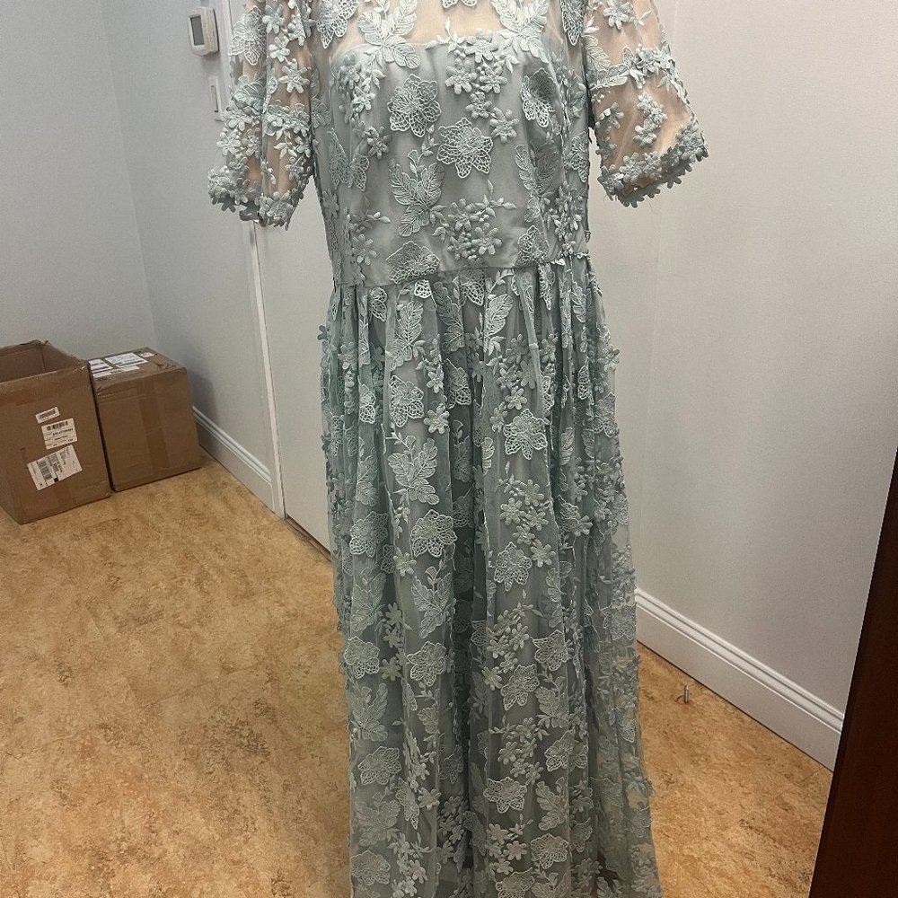 Monique Lhuillier Lace Pattern Long Light Blue Floral Mesh Fit Flare - Picture 4 of 8